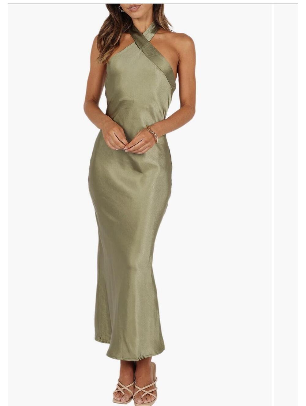 Petal & Pup Olive Green Backless Halter Satin Dress